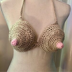 Tan and Pink Crochet Bra with Spiral Accents.